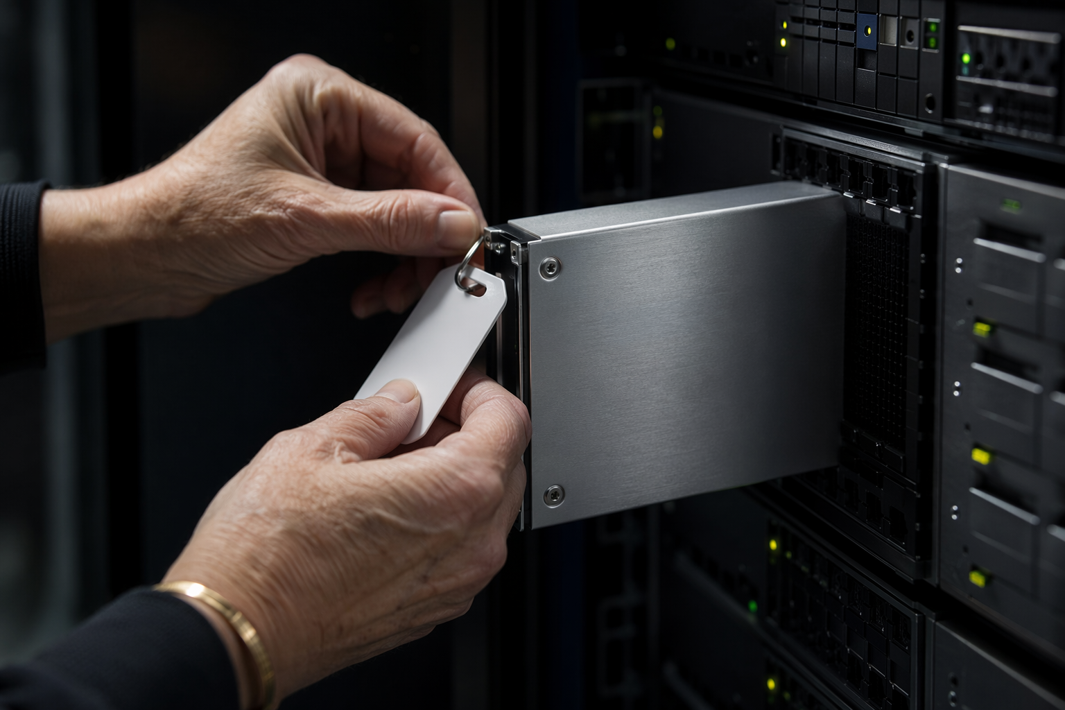 Hands of engineer preparing hardware security module for encrypted communications