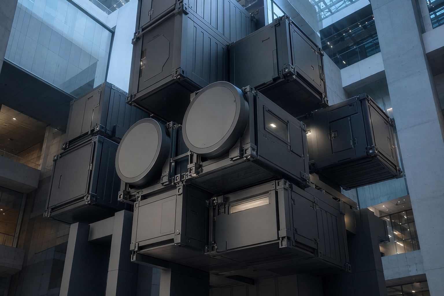 Modular container sculpture suggesting cloud deployments and standards compliance