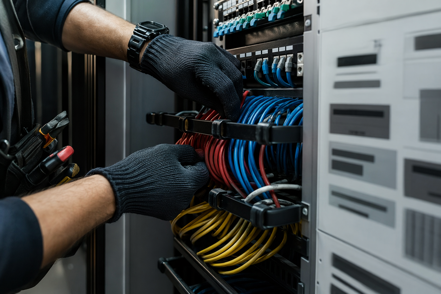 Technician hands routing labelled-but-redacted cables in server rack