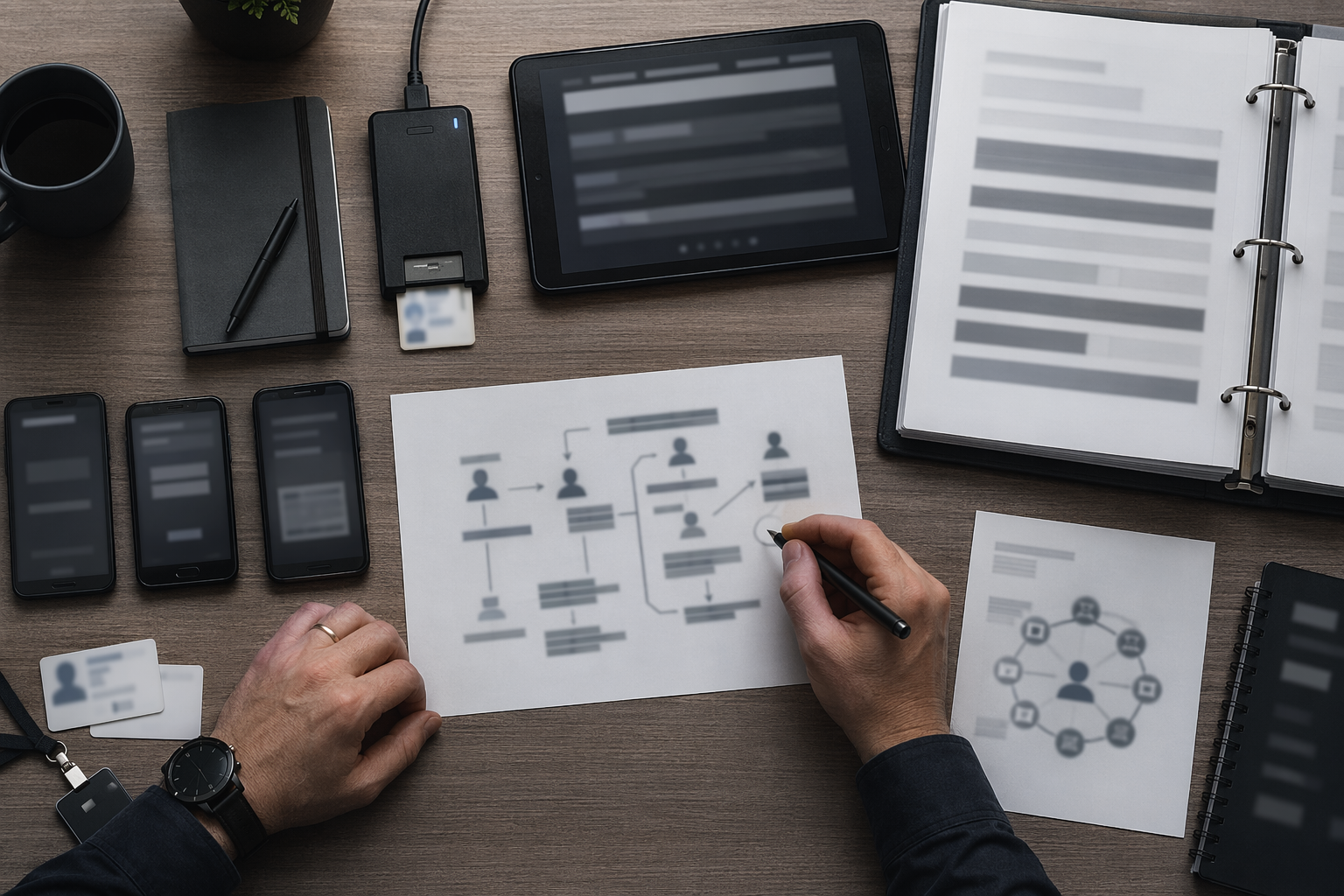Tabletop scene of identity governance devices and blurred admin console