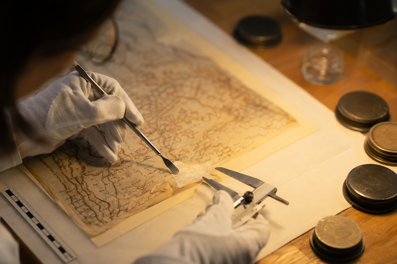 Conservator delicately measuring antique map, metaphor for cyber security management services