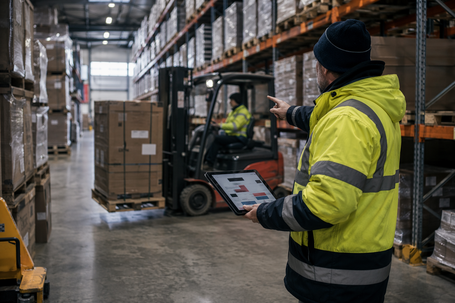 Warehouse dispatcher coordinating routed pallets, logistics metaphor for cyber security management services