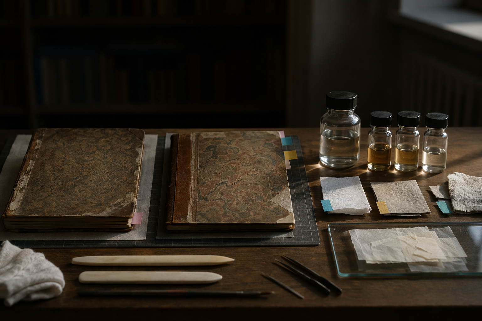Restoration still life of conserved book covers and tools suggesting service value
