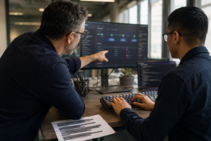 Developers reviewing secure code and CI/CD checks, cyber essentials cost context