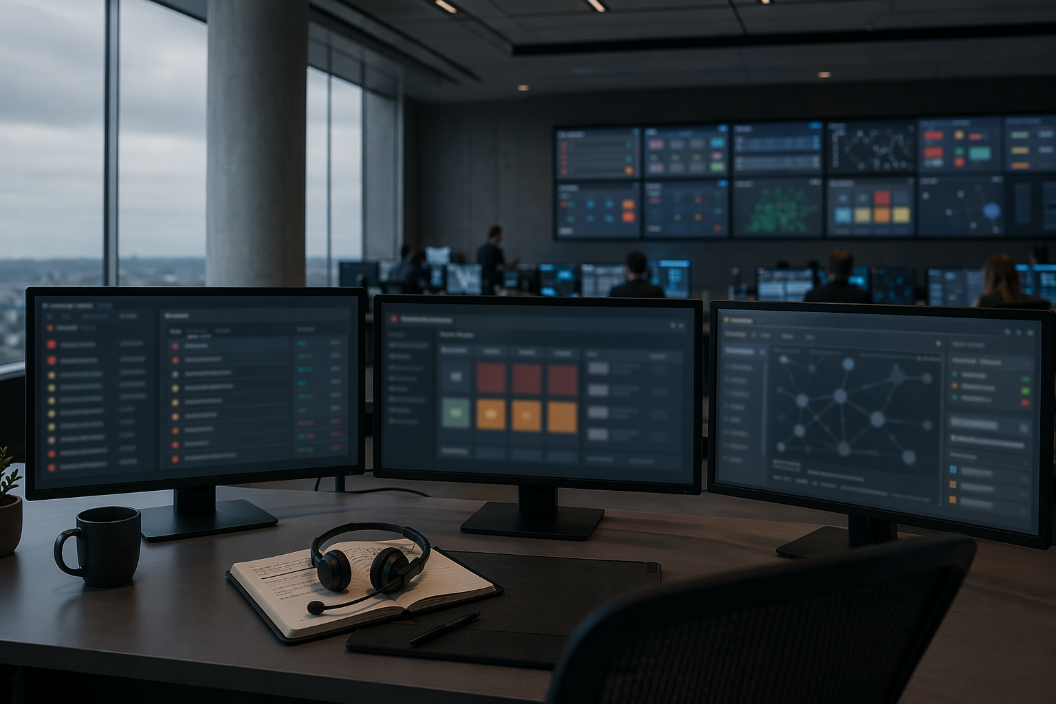 SOC monitoring station with triage dashboards, illustrating cyber essentials cost considerations