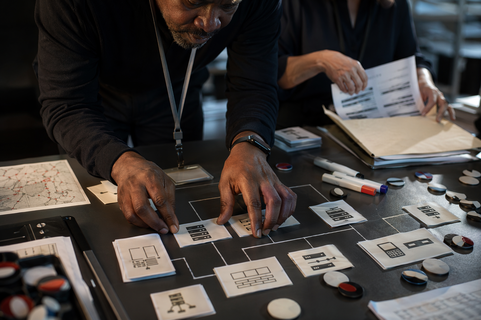 Close-up of hands arranging redacted topology cards during secure configuration audit