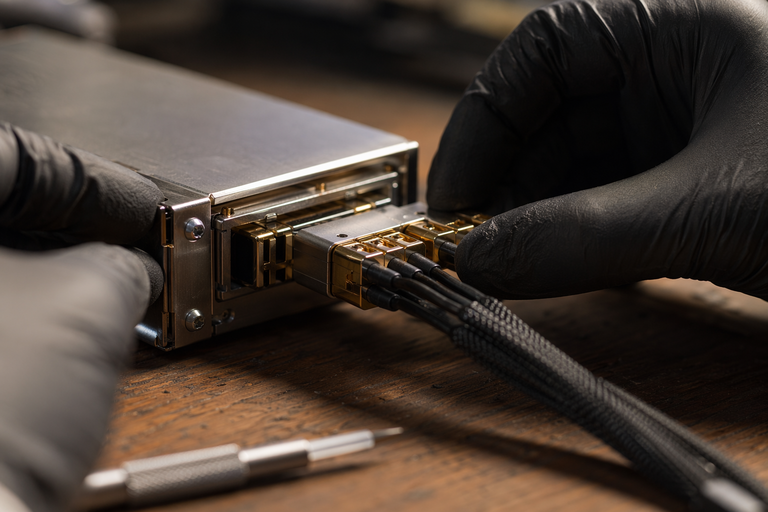 Close-up of a hardware security module connector under inspection