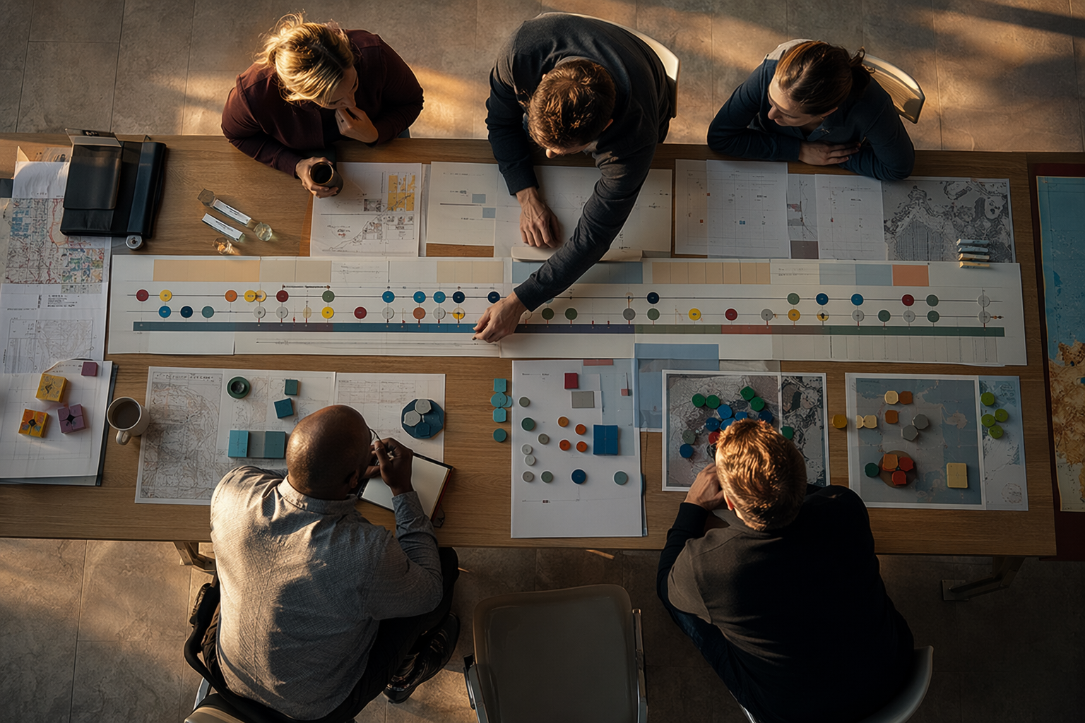High-angle view of a recovery coordination table and timeline maps