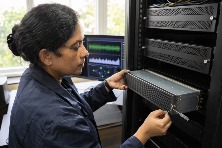 Engineer testing an HSM appliance for ransomware resilience in lab