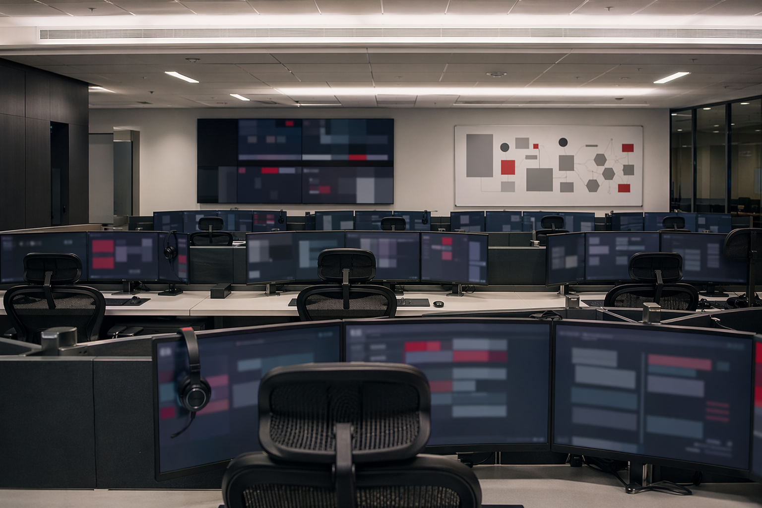 Empty SOC console bank suggesting ransomware resilience monitoring readiness