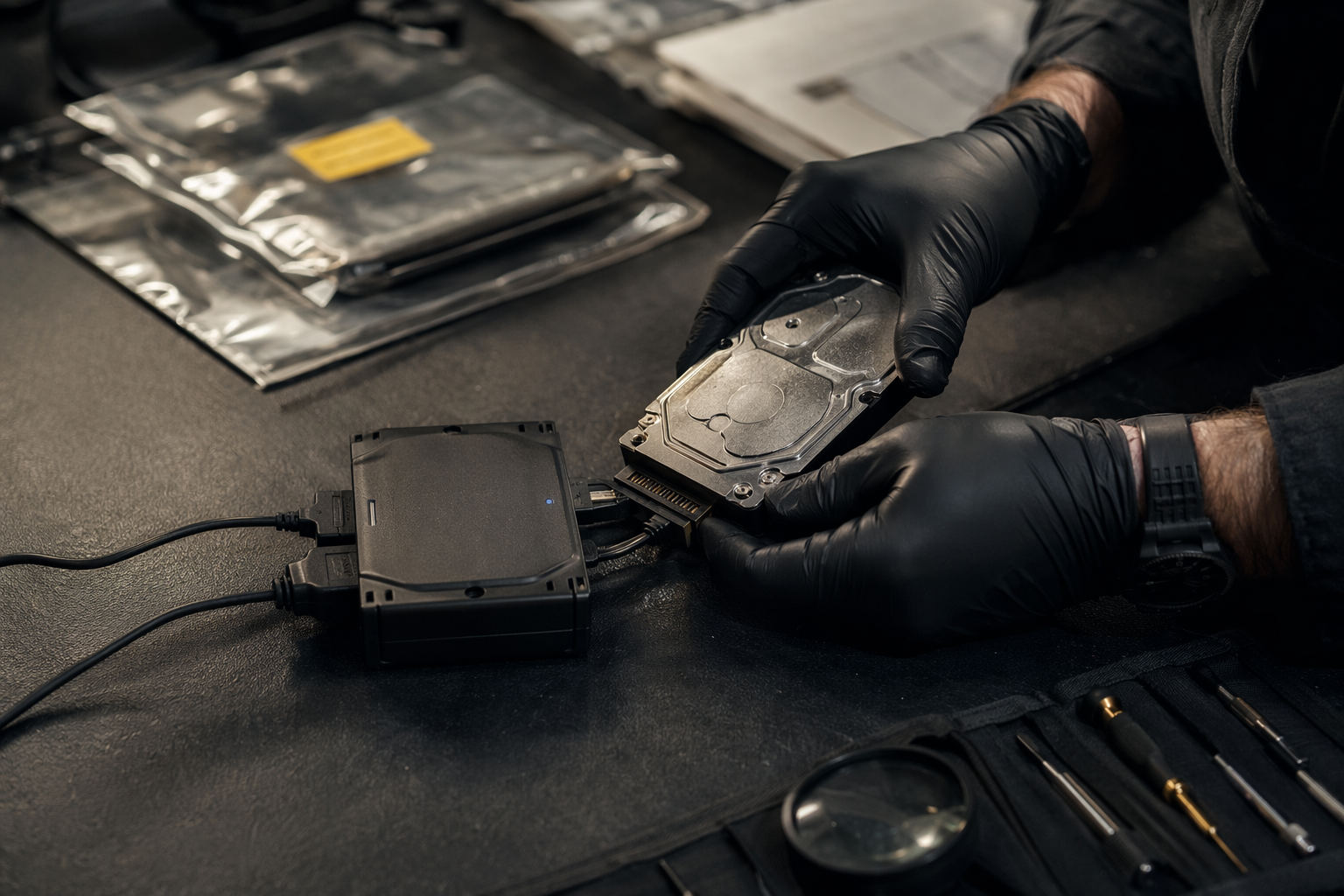 Close-up of forensic hands imaging a drive with write-blocker tools