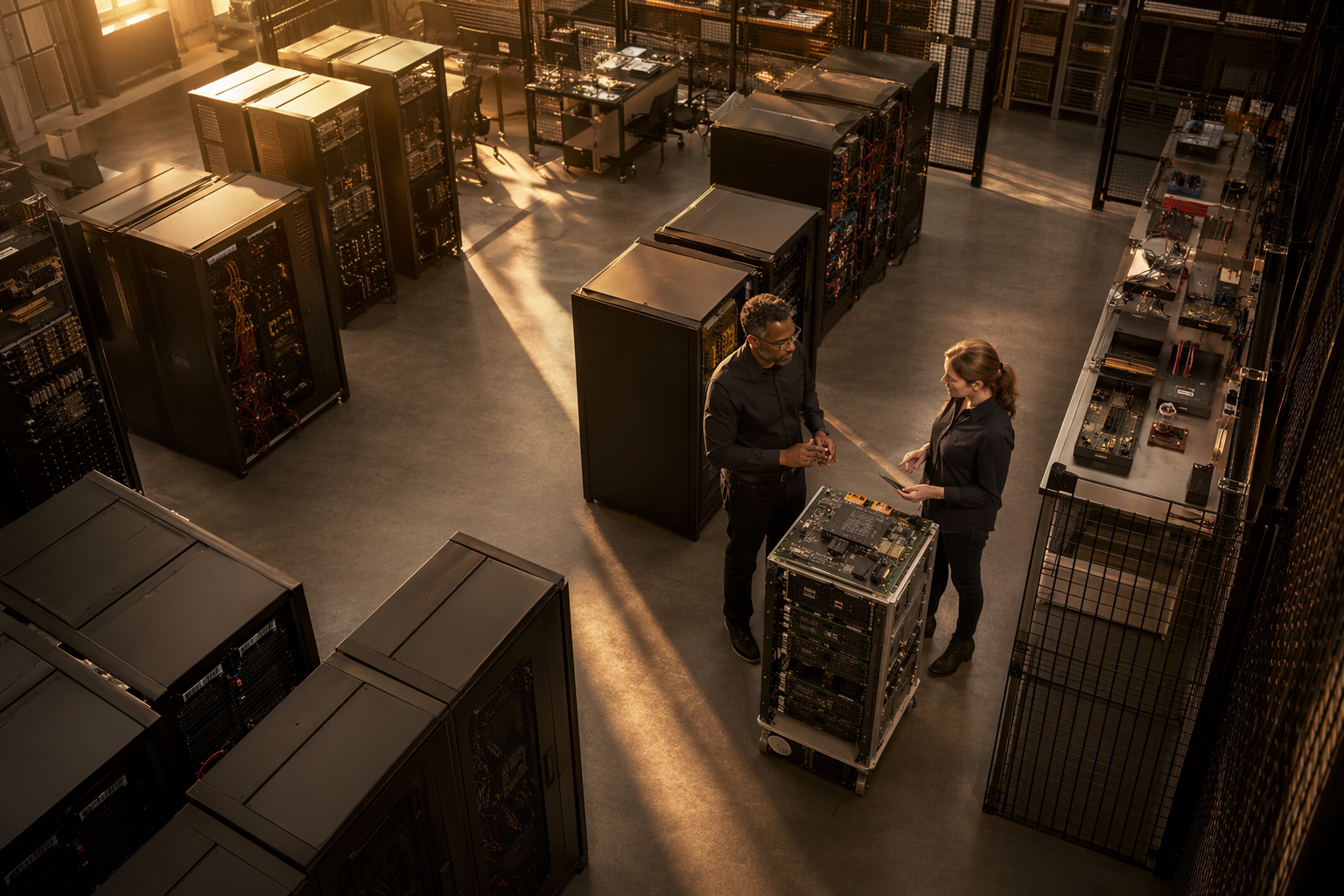 Server lab with HSM cabinets illustrating encryption controls and resilience