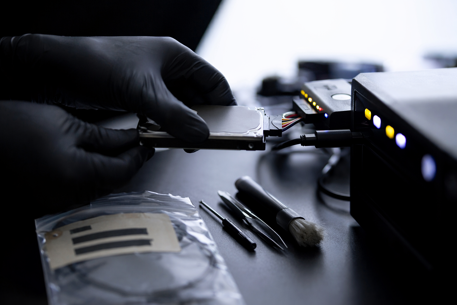 Close-up of digital forensics process capturing a disk image
