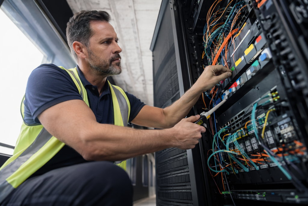 Engineer inspecting servers and cables, illustrating iso 27001 certification cost