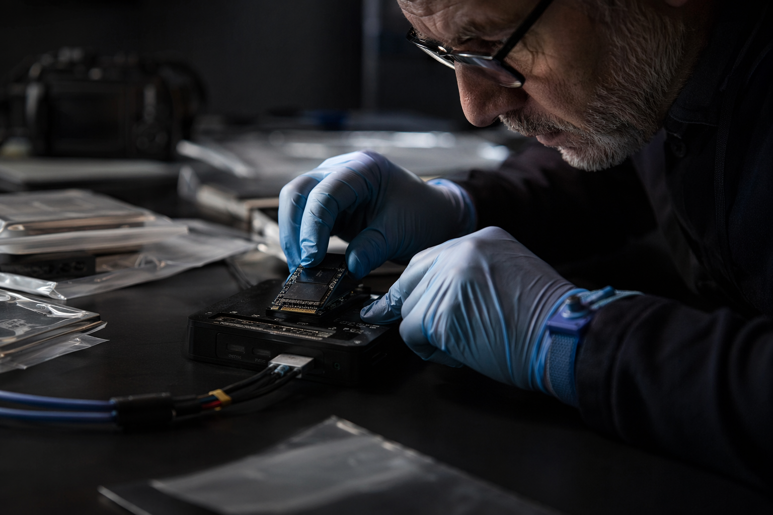 Close-up of forensic disk imaging device evidencing ISO 27001 certification cost