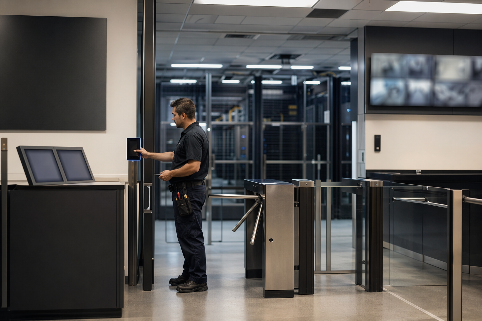 Access control checkpoint at a data centre entrance illustrating certification budgeting