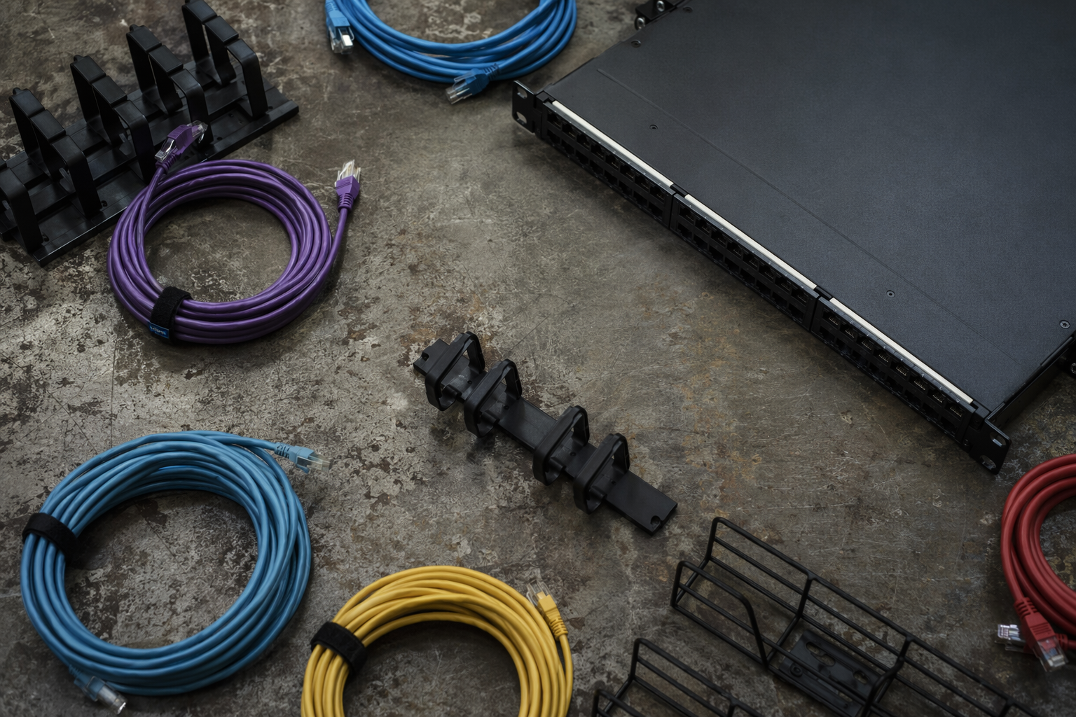 Artful composition of network patch cables suggesting secure network complexity