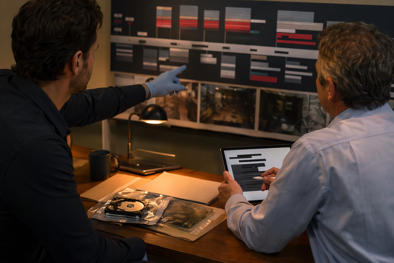 Analyst and risk manager reviewing redacted timeline, digital forensics context