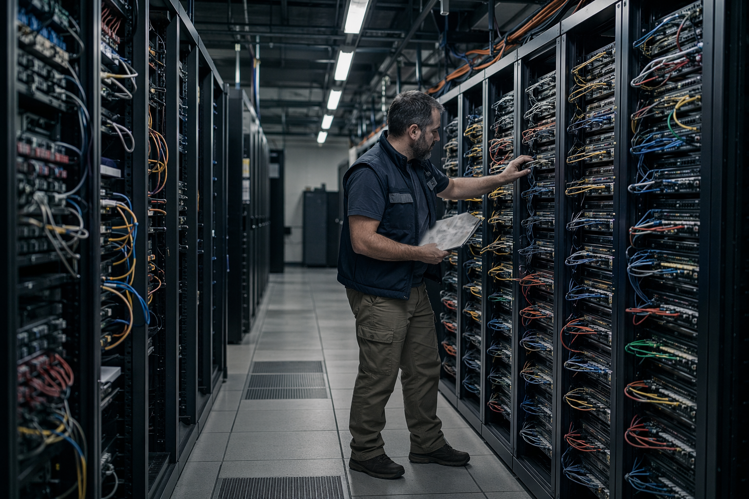 Wide view of secure network racks and coloured cabling in a data centre