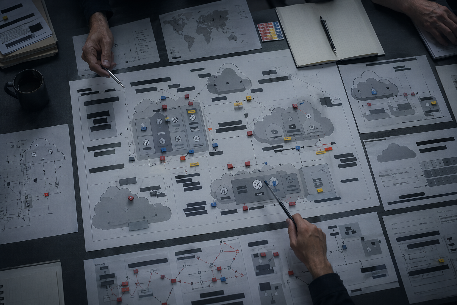 Top-down view of abstracted cloud infrastructure board used in incident analysis
