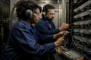 Engineers inspecting HSM rack for cyber essentials plus requirements