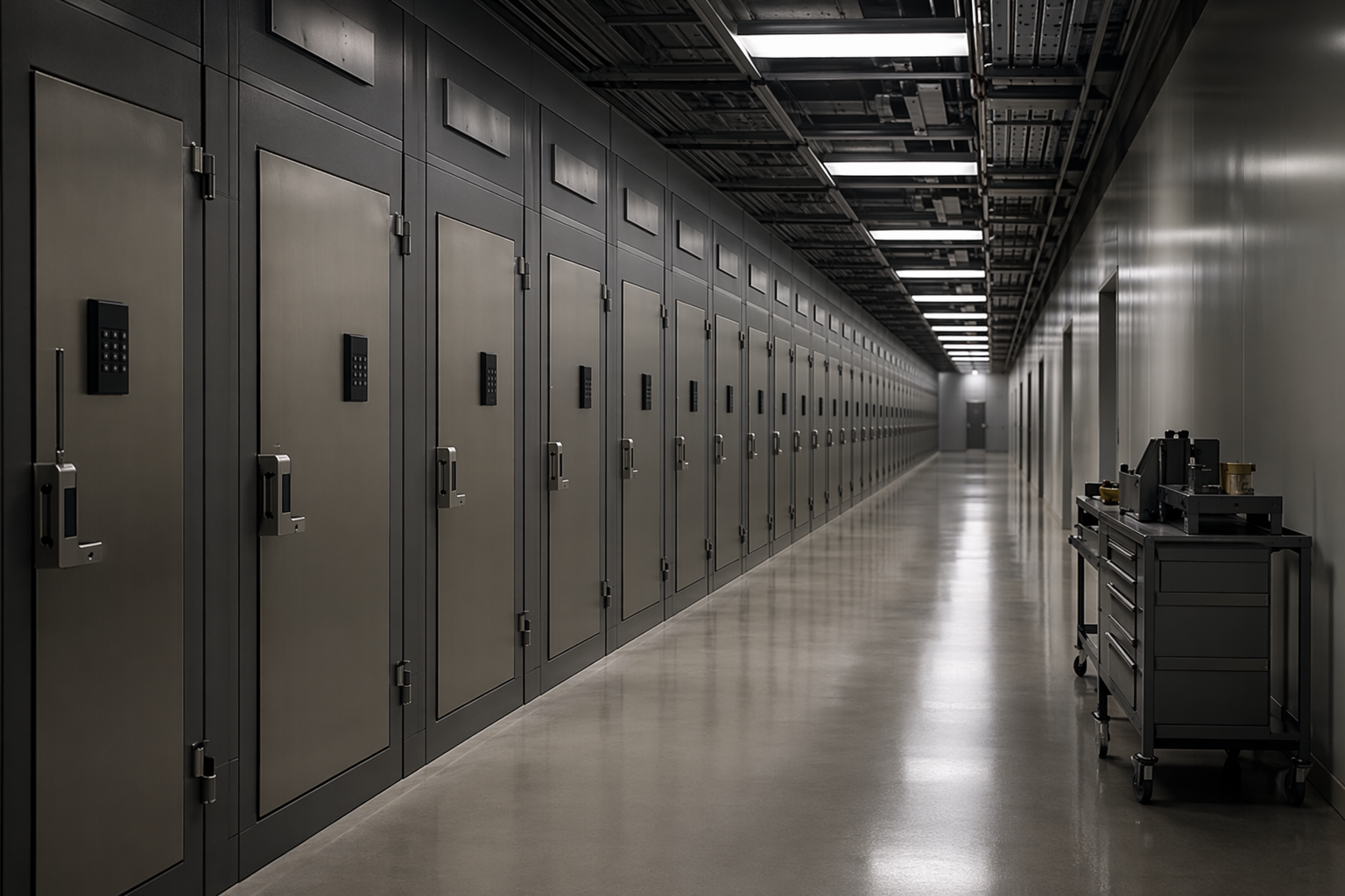 Secure equipment corridor with HSM cabinets representing certification lifecycle
