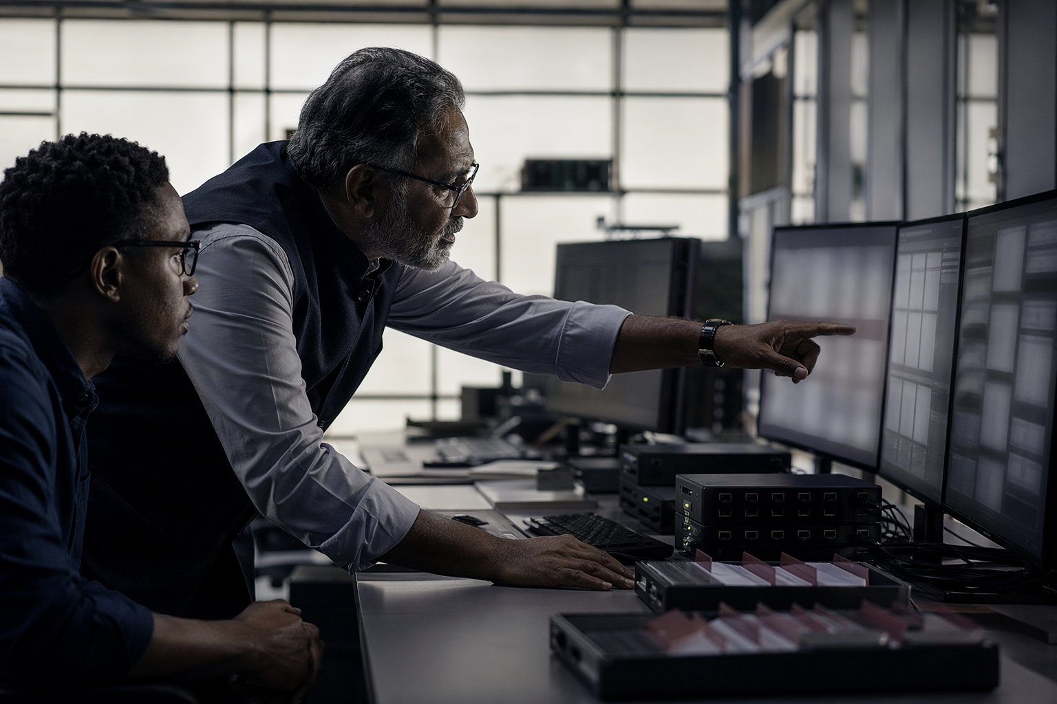 Forensic analyst pointing at redacted SIEM visualization for cyber essentials plus requirements