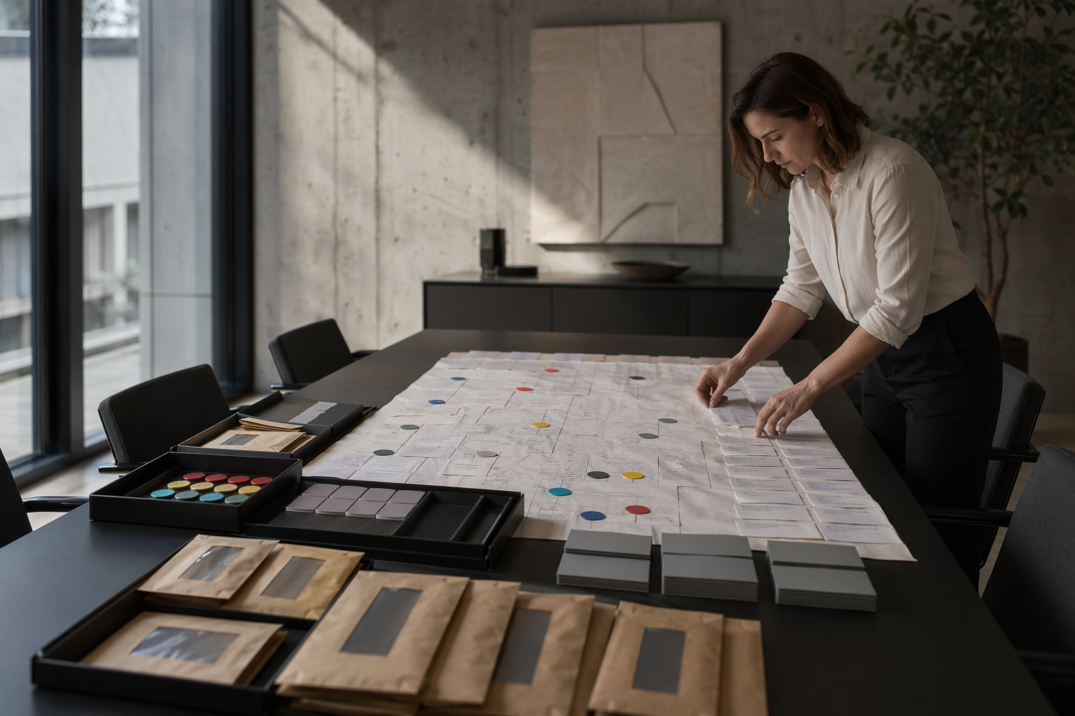 Tabletop scope-mapping session for ISO 27001 requirements with artifact trays