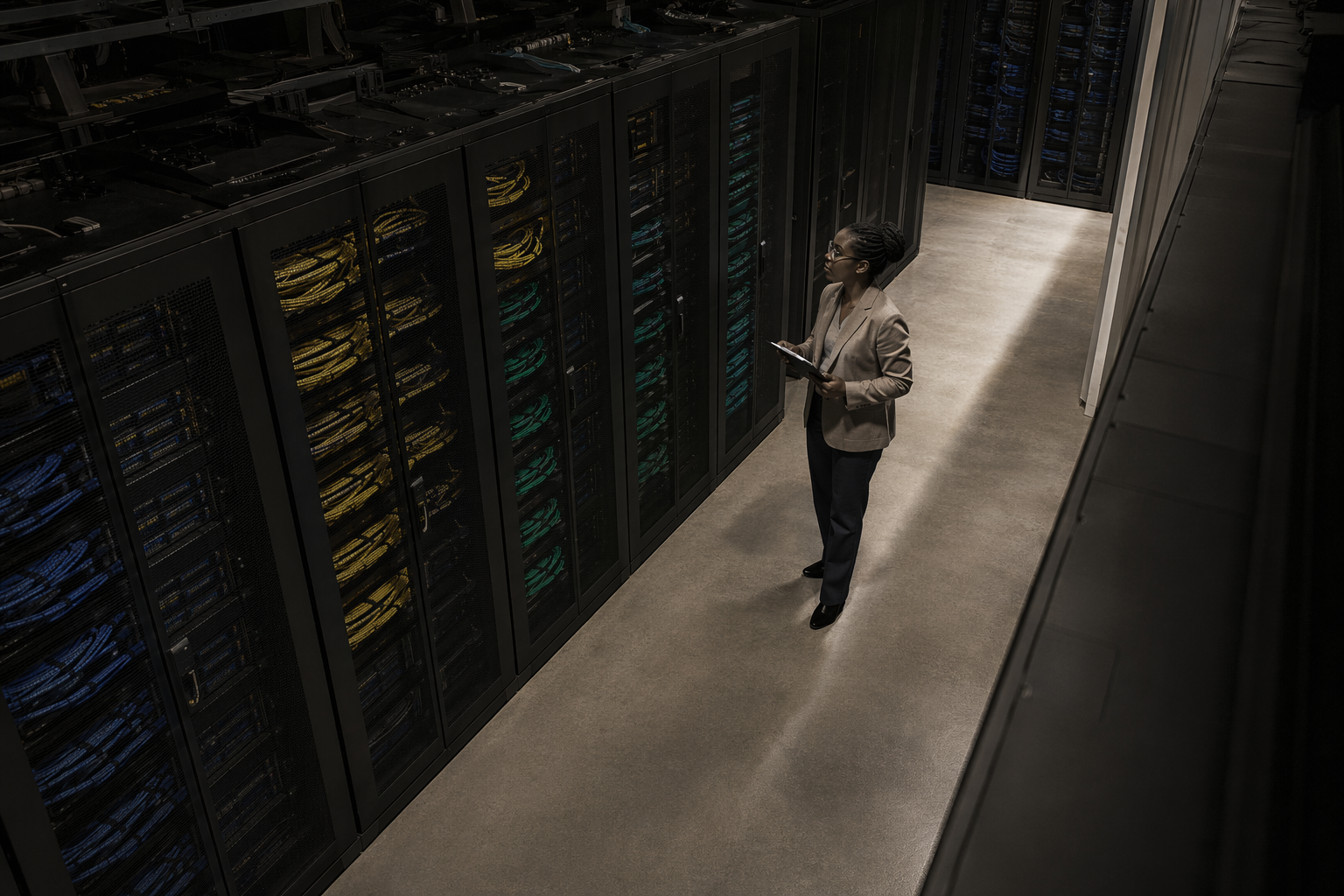 Server corridor showing segmented infrastructure, comparing ISO 27001 requirements context