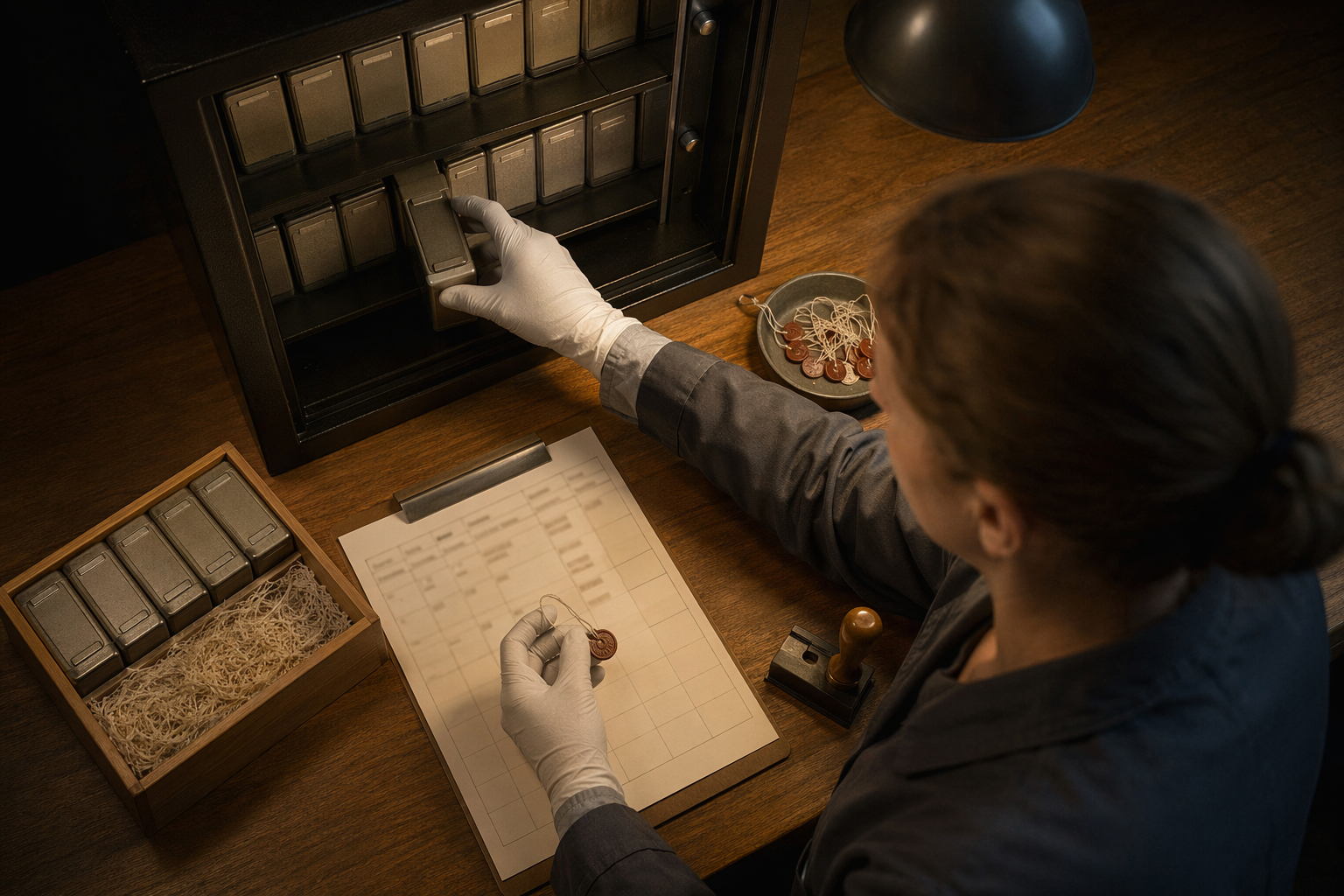 Archivist cataloguing encrypted media for GDPR audit secure storage
