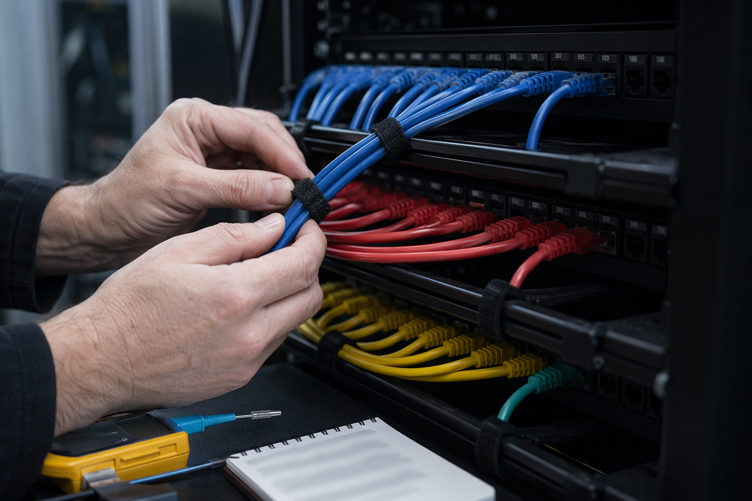 Close-up of engineer arranging colourful patch cables in data rack