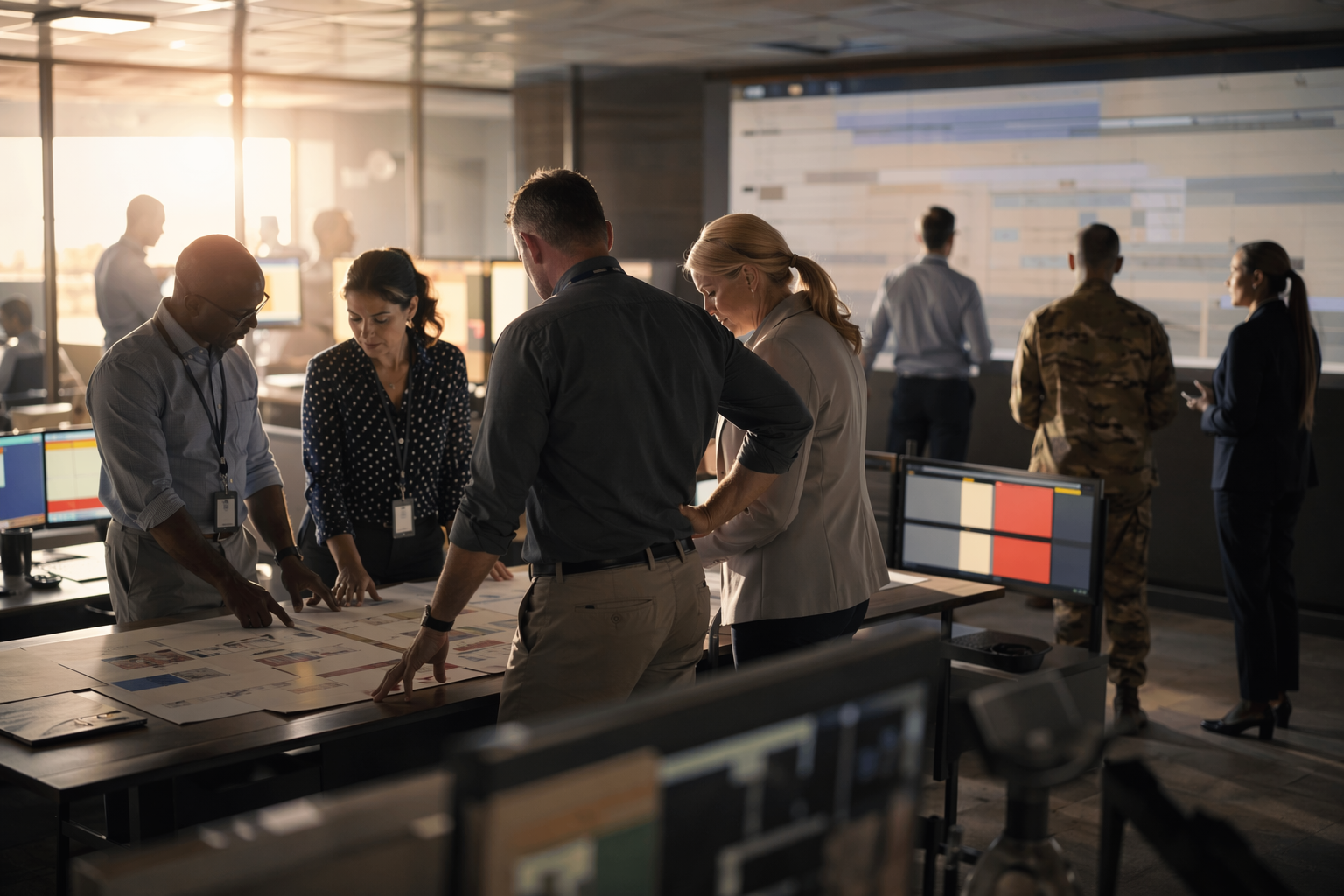 Wide SOC workspace with analysts monitoring incident timelines