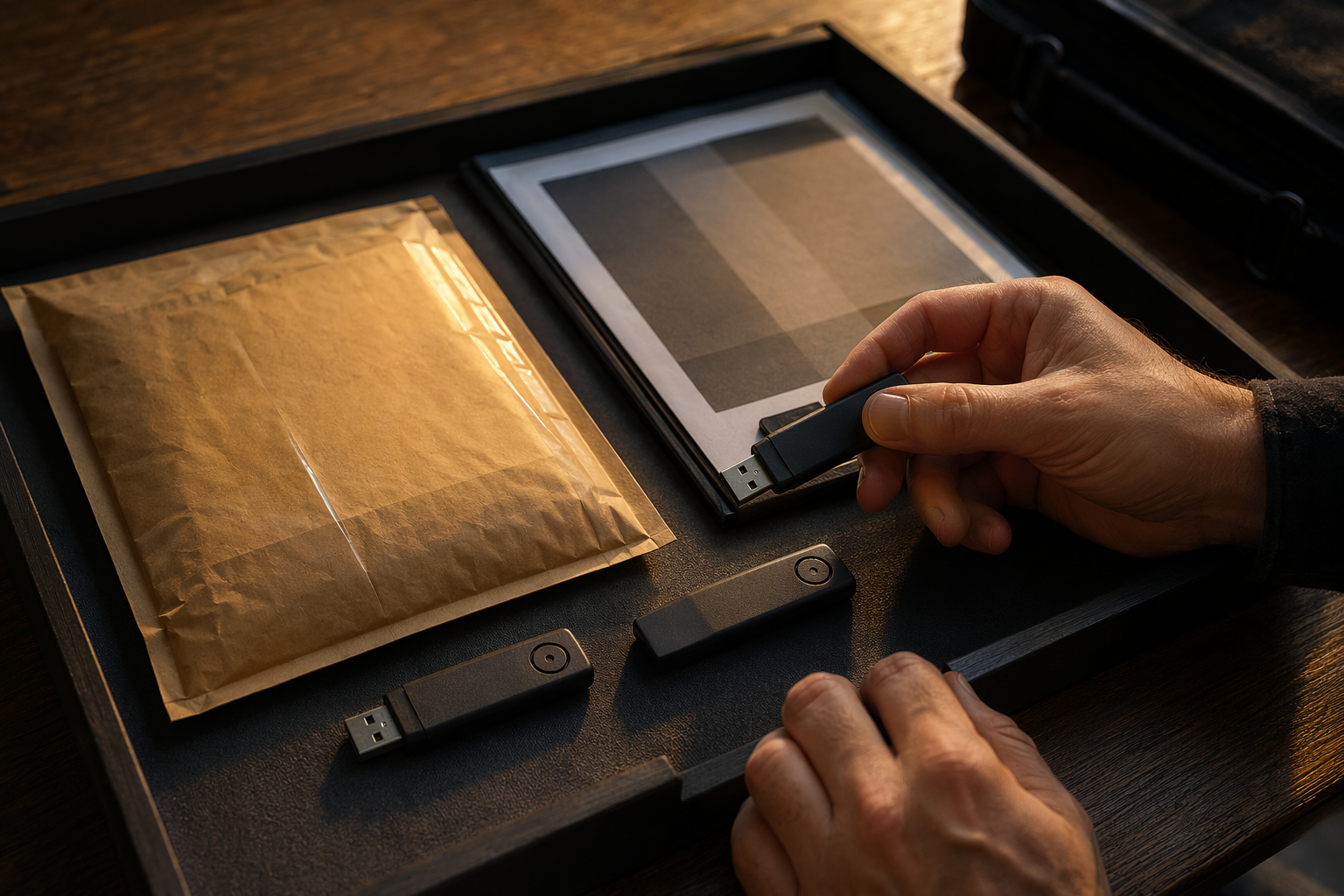Still life of encrypted drives and sealed envelope evoking GDPR audit transfer checks