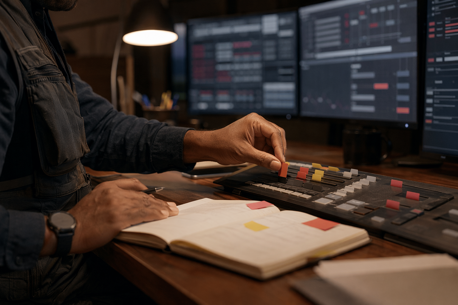 SIEM analyst hand interacting with blurred dashboards, monitoring posture