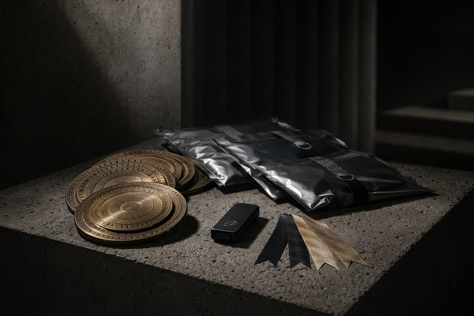 Sculptural still life suggesting secure cryptographic custody