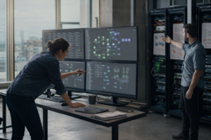 Kubernetes operator reviewing cloud security dashboards for a cyber incident response plan