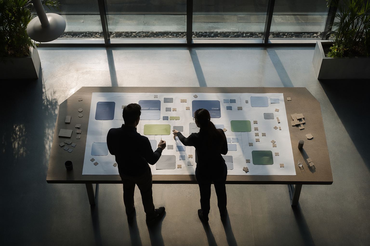 Planning table with abstract cloud infrastructure blocks and container diagrams