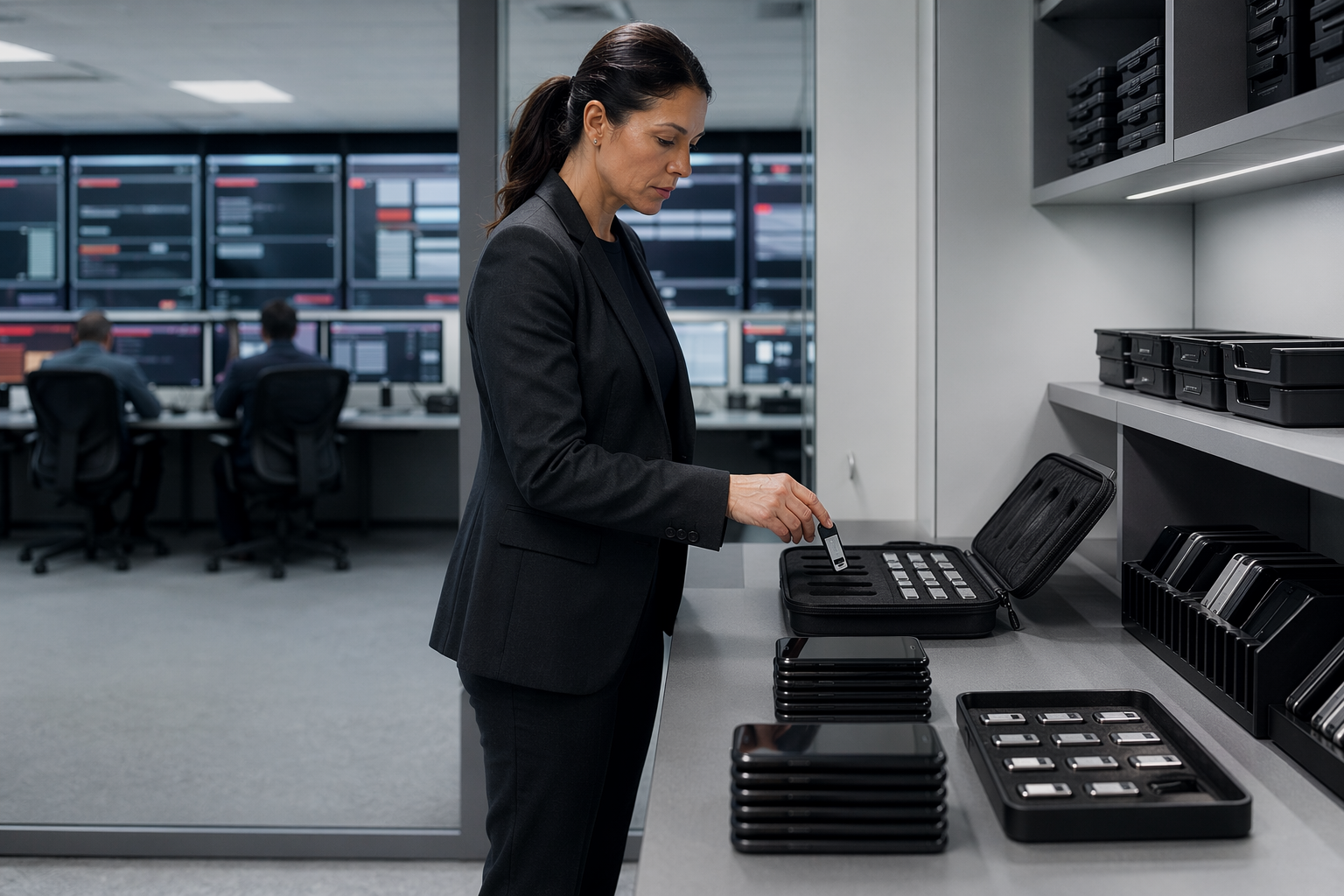 Identity governance specialist arranging hardware tokens and consoles