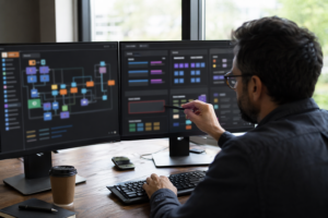 Cloud security architect reviewing vulnerability scanning services dashboard abstractions