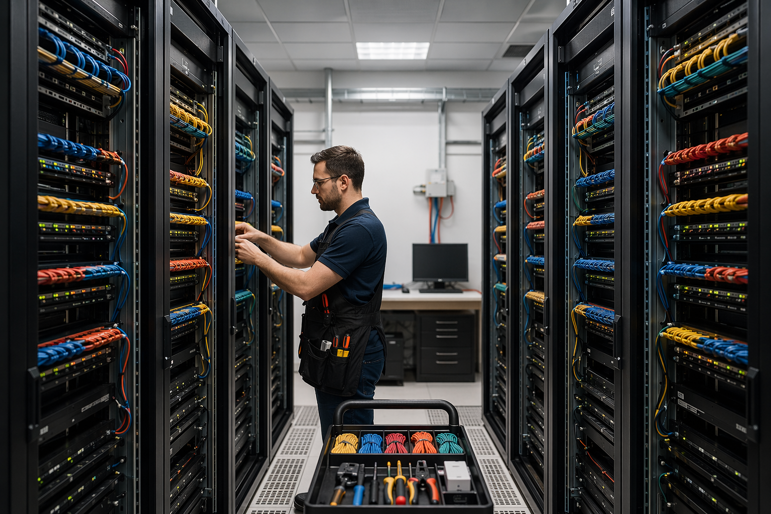 Network technician organizing patch cables in a secure data centre environment
