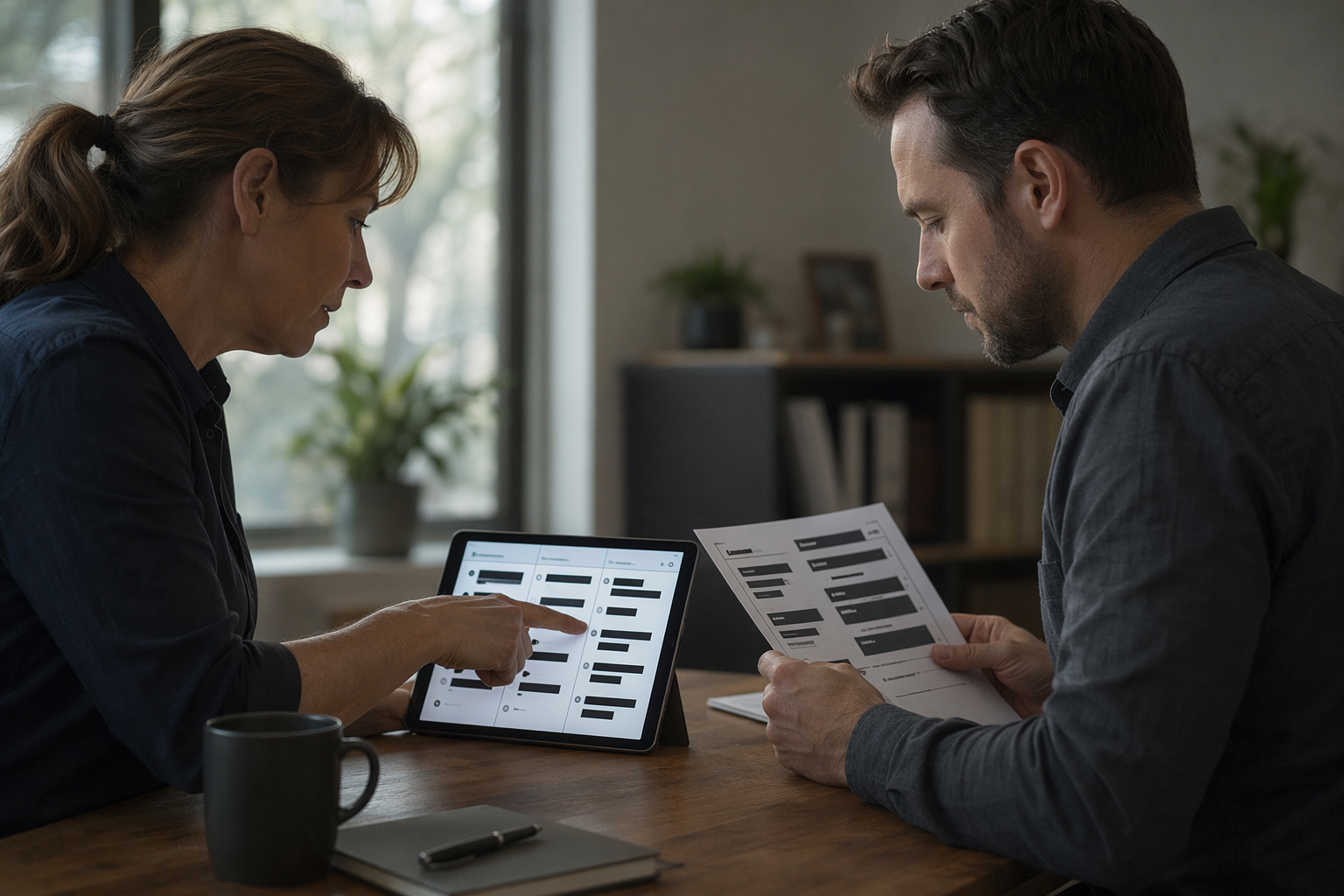 Trainer and compliance officer reviewing redacted inbox, referring to vulnerability scanning services