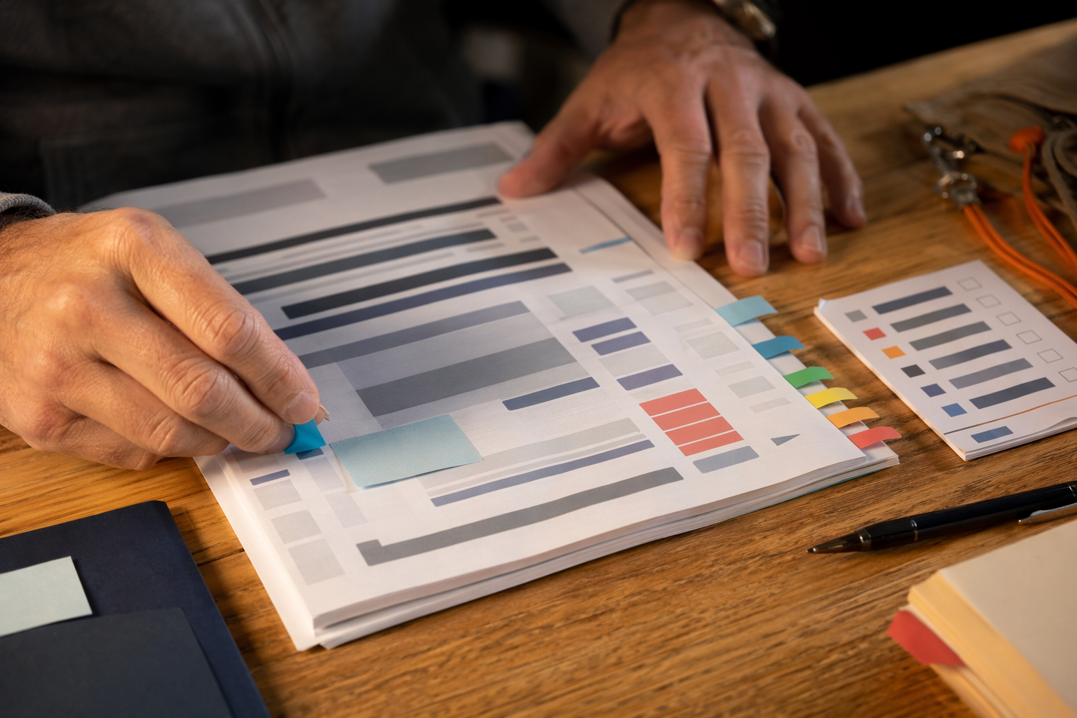 Close-up hands annotating a blurred recovery runbook, business continuity focus