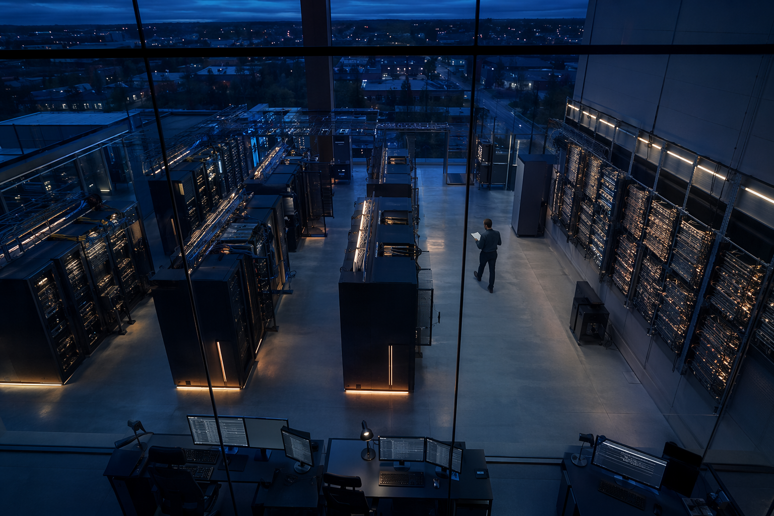 Empty incident operations centre at dusk showing infrastructure and routing panels