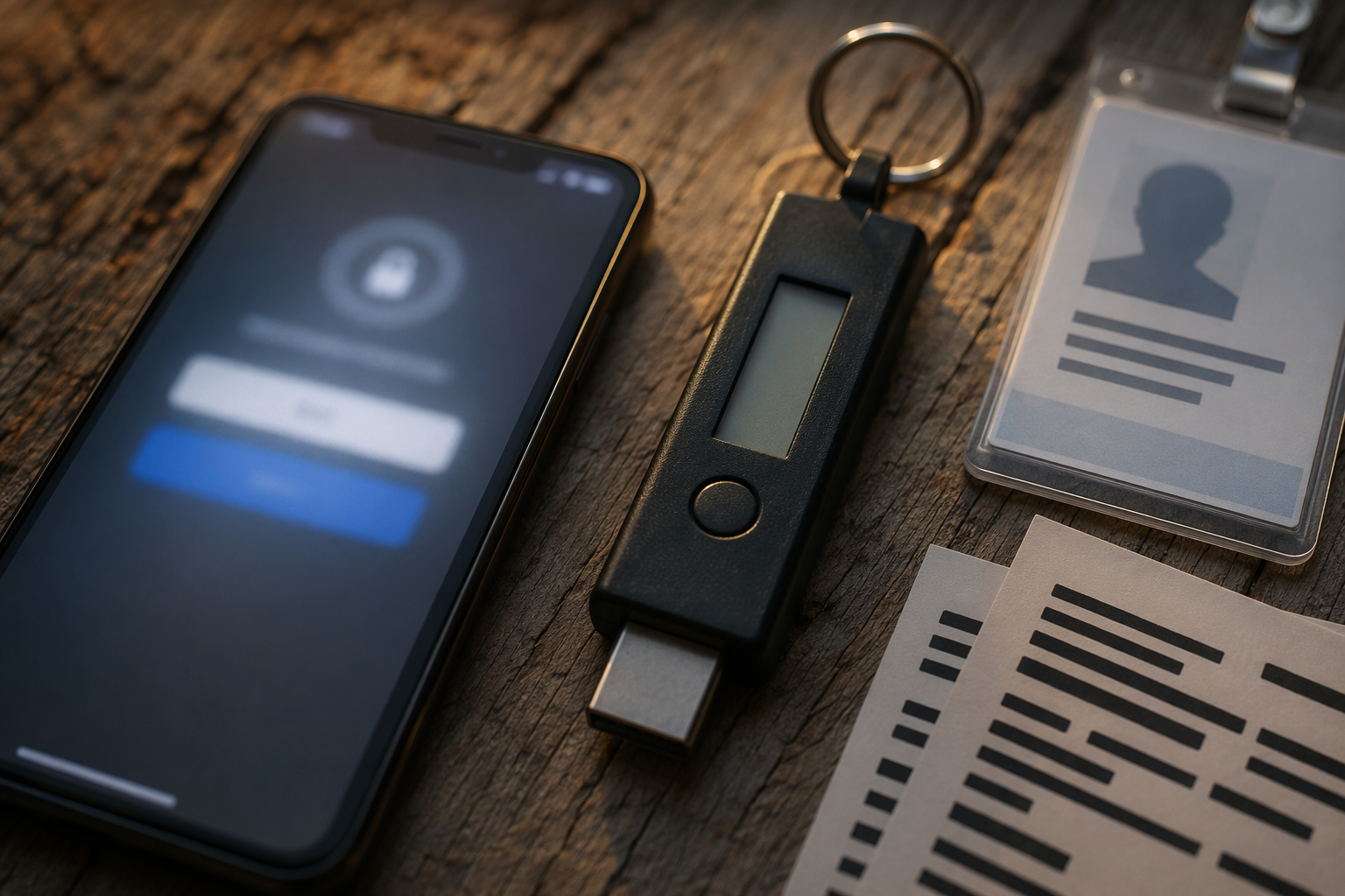 Close-up MFA devices suggesting identity controls for MDR vs SOC