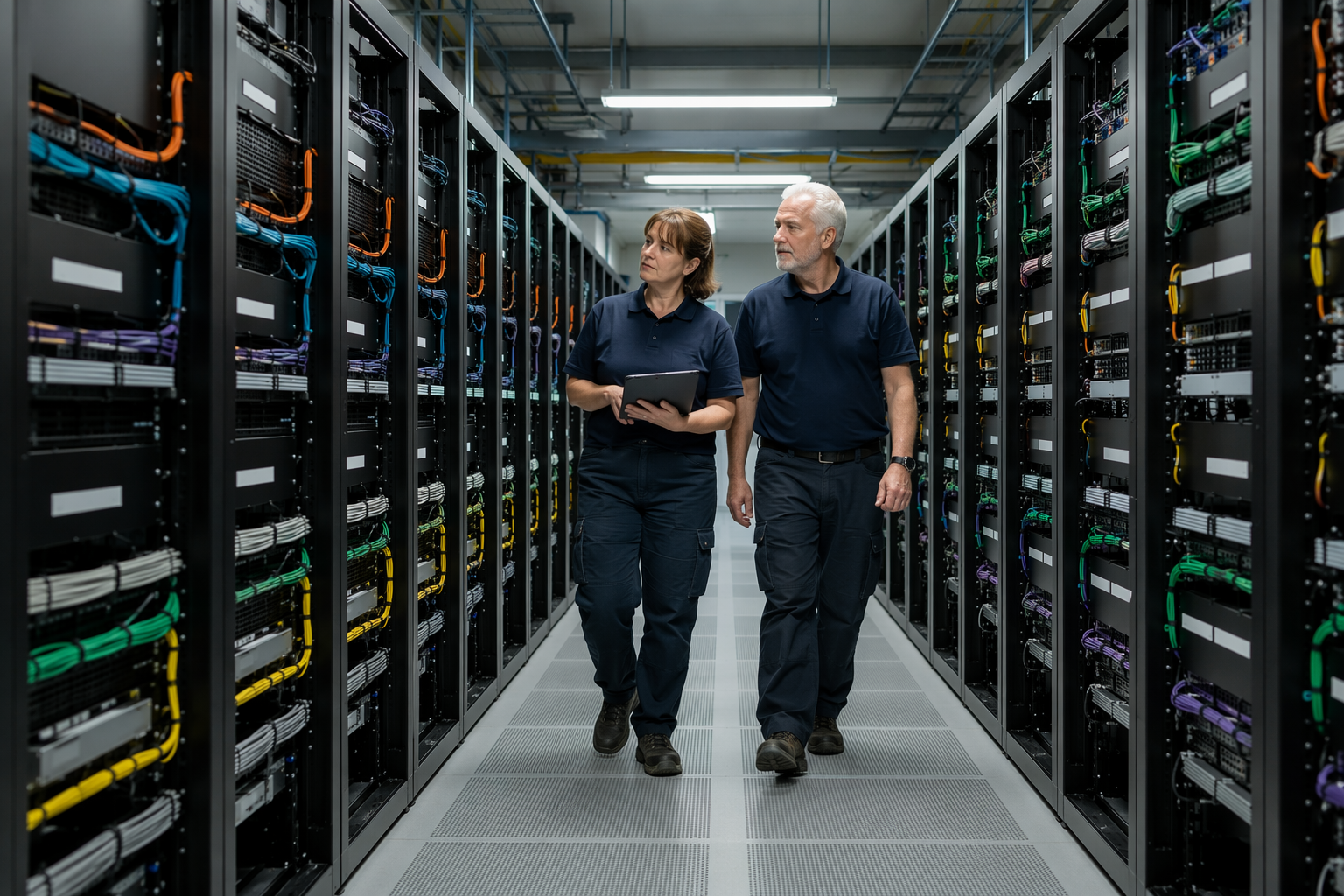 Paired server racks and cabling illustrating network operations and comparison