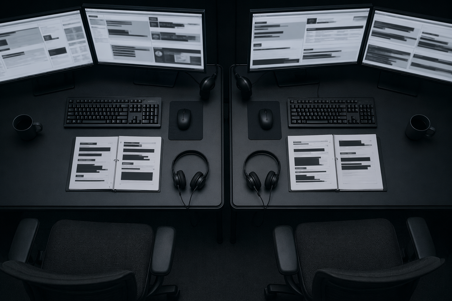 Top-down SOC operations bench showing paired consoles and redacted dashboards