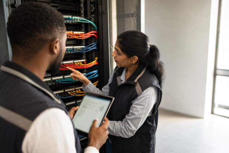 Engineer inspecting network racks illustrating types of personal data breach