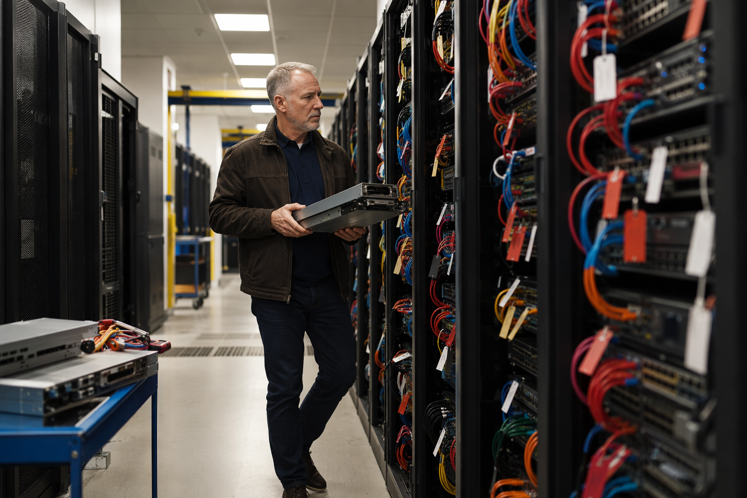Server room aisle with organised cables and patch panels, secure networks focus