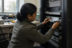 Cryptographic engineer inspecting HSM hardware — red teaming cyber security context