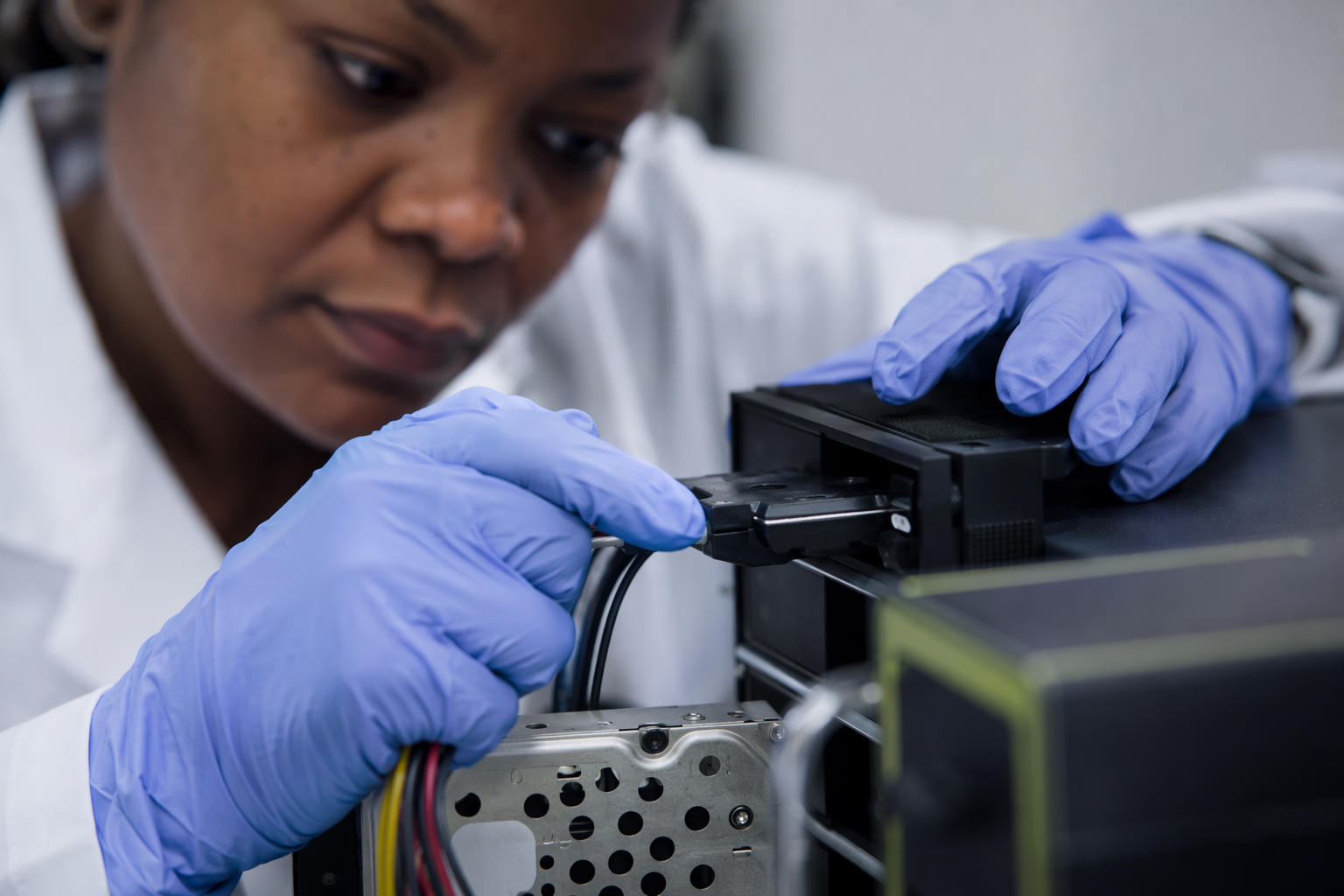 Close-up of forensic disk imaging equipment and gloved hands